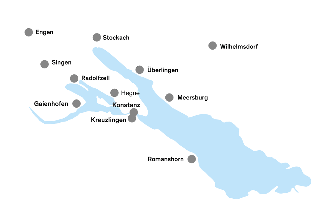 Umriss des Bodensees mit Standortmarkierung der Partnereinrichtungen.
